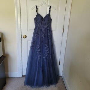 Jules & Cleo Floral applique tulle ballgown with illusion beaded corset.